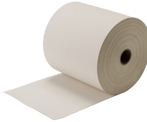 A large roll of white paper unfurling slightly on one end, isolated on a white background.