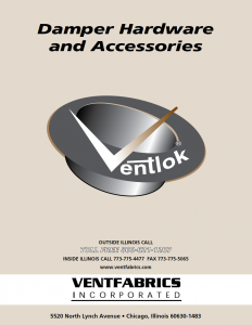 Advertisement flyer for ventfabrics inc. featuring a gray metallic damper hardware accessory with the company's logo, contact details, and address at the bottom.