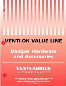 Advertisement for ventlok value line damper hardware by ventfabrics featuring company contact information, set against a red background with a bar code design.