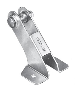 Metal door holder with a roller on one end and a base plate for mounting, labeled "401 Standard Center Bracket with Pivot Pin and Set Screw.