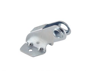 Metal bracket with a ring loop mounted on a flat base, designed for fastening or hanging objects, isolated on a white background.
