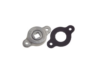 A metal 607 VENTLOK OPEN END BEARING FOR 1/2″ SQUARE ROD housing and its black gasket isolated on a white background.