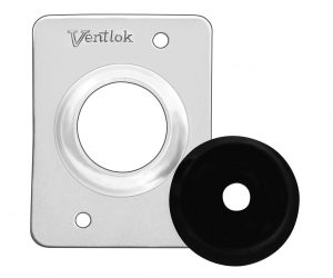 A 617 Air Seal 1/2 metal ventilation panel with a circular opening, accompanied by a separate black round cover, on a white background.
