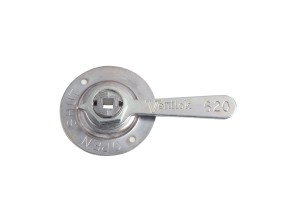 Stainless steel key-shaped wrench labeled "620 SET – VENTLOK ¼ ” DIAL REGULATOR" attached to a circular fitting with a hexagonal bolt, isolated on a white background.