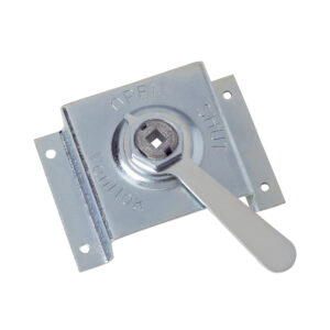 A 627 SET VENTLOK ¼ ” ELEVATED DIAL REGULATOR FOR 1” INSULATION mechanism labeled "open shut" on a steel mounting plate, isolated on a white background.