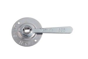 635 VENTLOK ⅜ ” DIAL REGULATOR fire sprinkler shut-off key with a round plate and engraved instructions, isolated on a white background.
