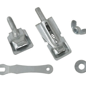 Assorted metal hardware pieces including wing nuts, bolts, washers, and a steel bracket isolated on a white background.