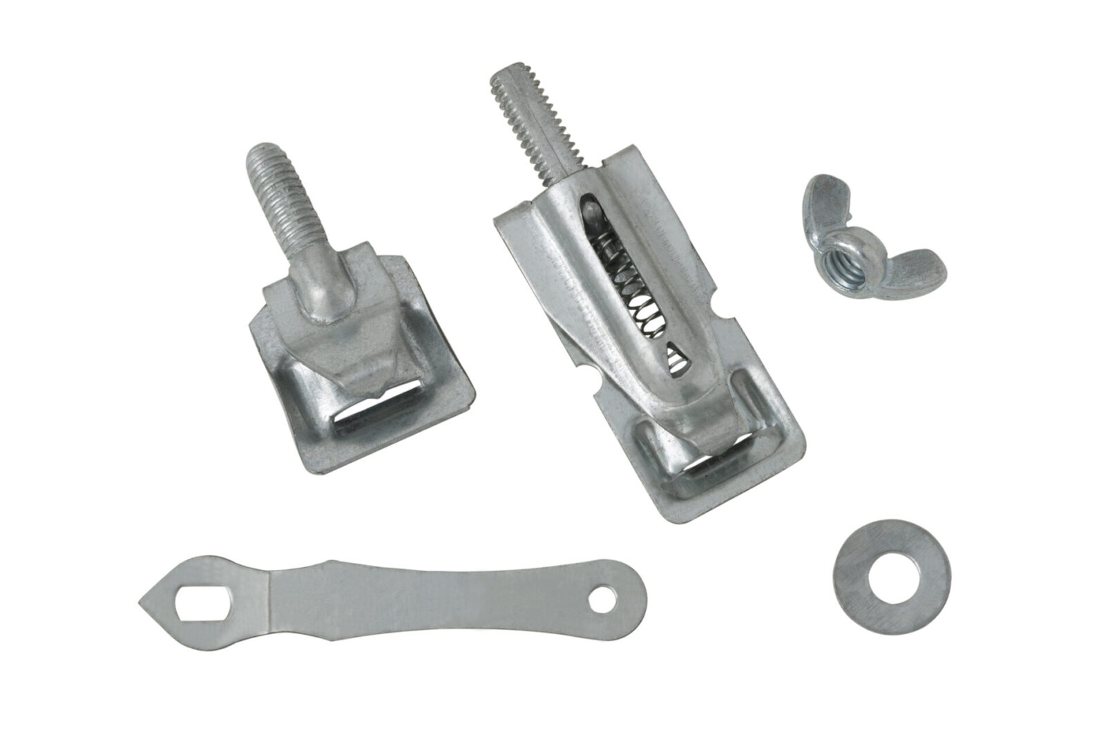 Assorted metal hardware pieces including wing nuts, bolts, washers, and a steel bracket isolated on a white background.