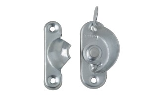 Two 90 VENTLOK SASH-TYPE LATCH components on a white background, one with a swivel eye and the other a fixed anchor point.