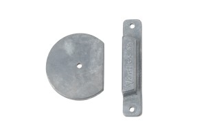 A circular metal washer and a rectangular metal bracket, both isolated on a white background.  
Product Name: 99 VENTLOK COMPRESSION LATCH