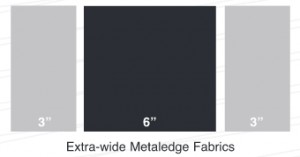 Fabric samples labeled as Aluminum Extra-Wide Metaledge Ventglas fabrics, displaying three swatches in gray shades with widths of 3", 6", and 3" respectively.