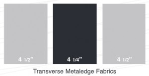 Three Transverse Metaledge Ventglas swatches showing different shades; light gray, dark gray, and charcoal, each with size measurements.