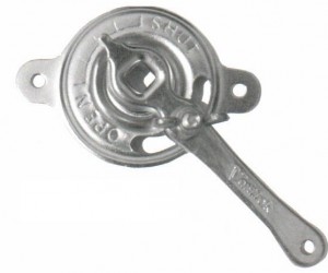 A vintage hand-crank rotary sifter made of metal, featuring a handle and a logo that reads “V20 Ventlok 1/4 Dial Regulator Set made in usa”.